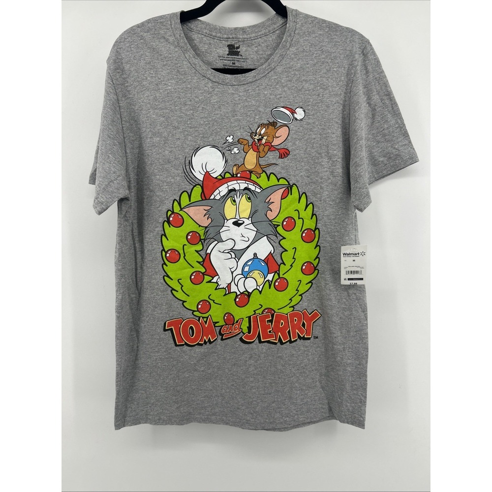 Tom & Jerry Christmas T-Shirt Sz M NWT Grey Holiday Wreath Graphic His/Her Gift